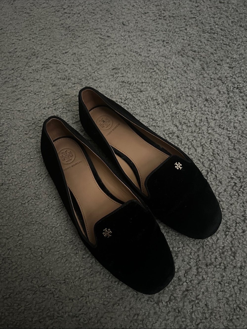 Tory Burch Black Velvet Logo Loafers